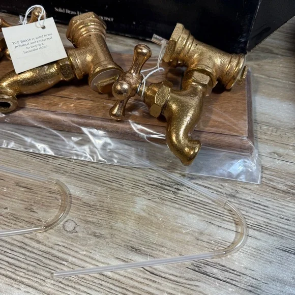 NIB Vintage Top Brass Alcohol Liquor Dispenser 3 Spigot Faucet Neo Art Oak Base.